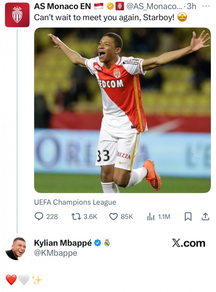 爱游戏官网-摩纳哥社媒晒姆巴佩青涩照：迫不及待想见你，后者回复：❤️🤍